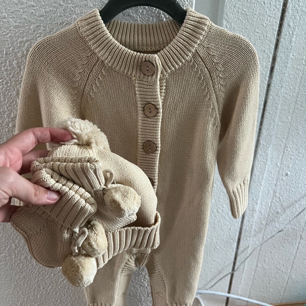 Caden Lane knit sweater romper with hat and booties set